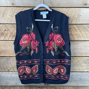 Vintage Ciel Bleu Women’s Large Floral Sweater Vest Buttons Flowers Blue 90s